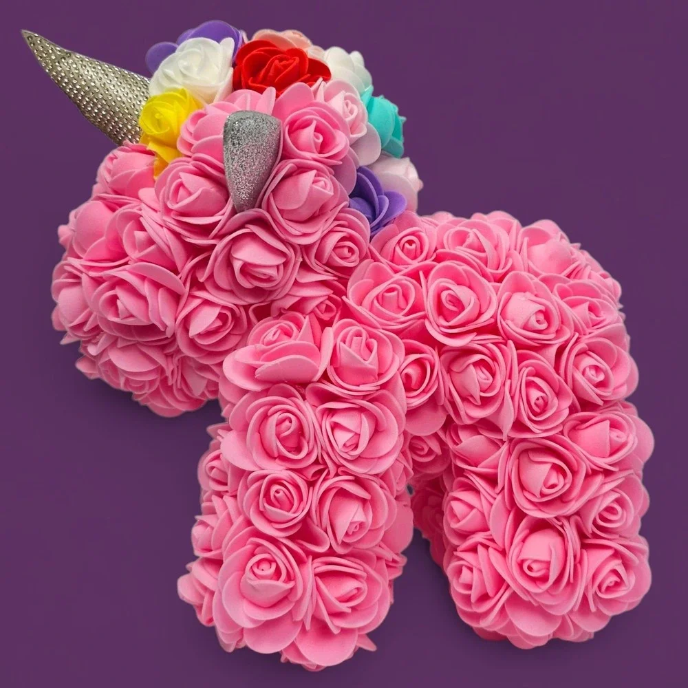 Rose Unicorn Gift - Pink Foam Flowers, Rainbow Mane, 